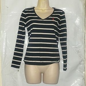 POLO RALPH‎ LAUREN M Striped 3/4 Sleeve Blouse Top Blue/White V-Neck Cotton